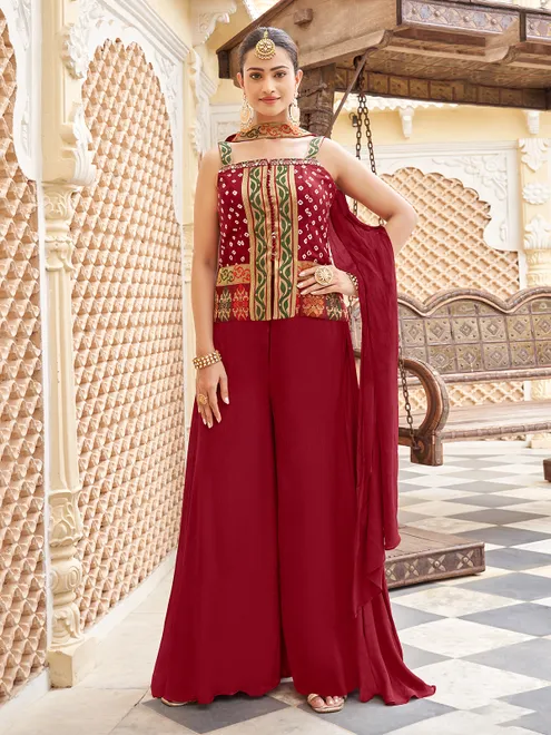 Maroon chiffon palazzo suit with thread detailing