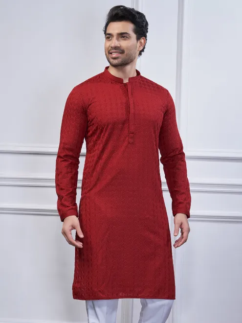 Maroon cotton kurta suit for mens wear