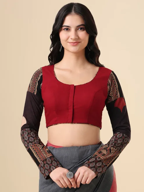 Maroon cotton printed blouse with front open classic design