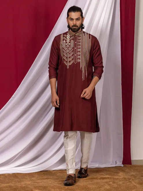 Maroon cotton silk kurta suit with resham detailing