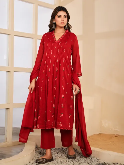Maroon cotton silk kurti set with embroidery