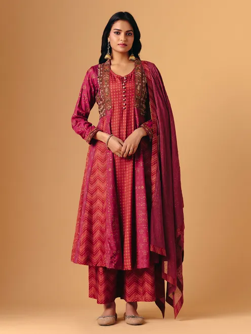Maroon cotton silk printed festive palazzo suit