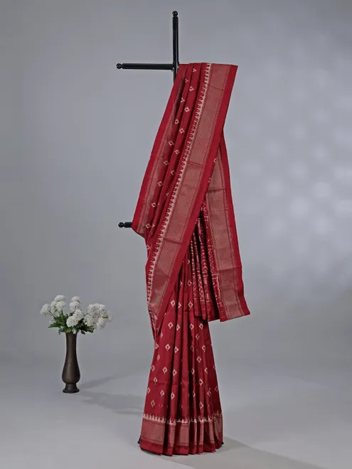 Maroon cotton silk printed saree with zari weaving