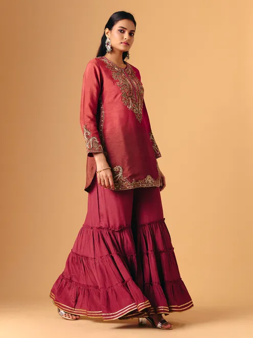 Maroon cotton silk quarter sleeve sharara suit