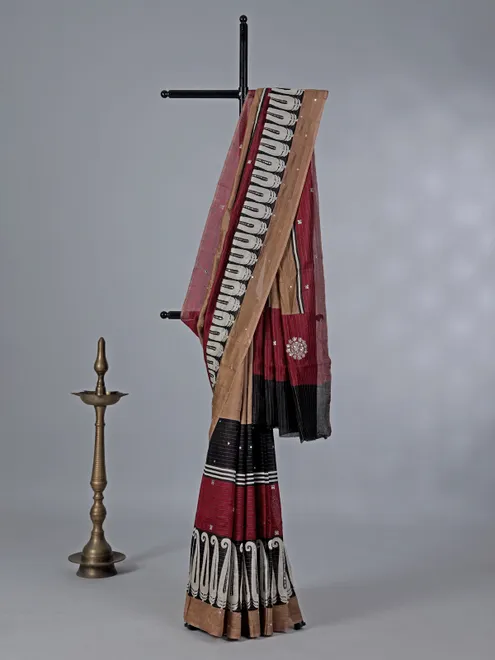 Maroon cotton silk saree with mirror detailing