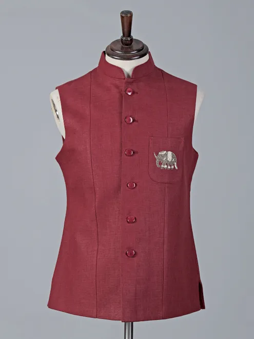 Maroon cotton silk waistcoat with pocket detailing