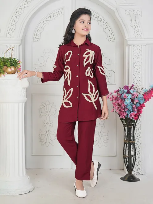 Maroon cotton thread work elegant girls co ord set