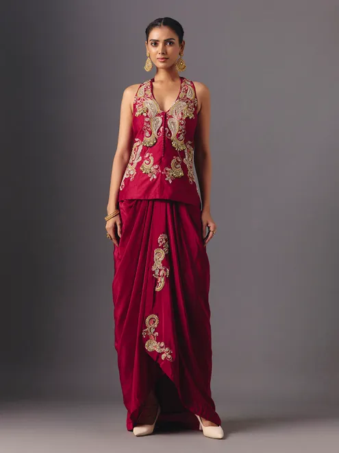 Maroon crepe silk designer indowestern suit with elegant embellishments