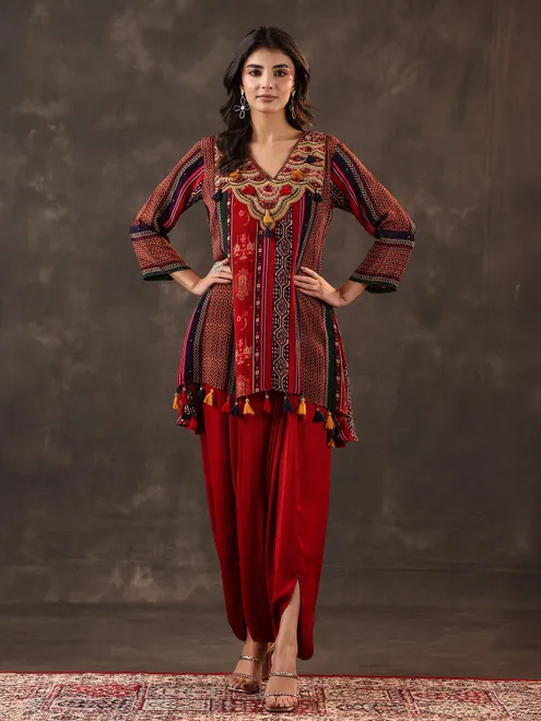 Maroon crepe silk mirror work dhoti suit