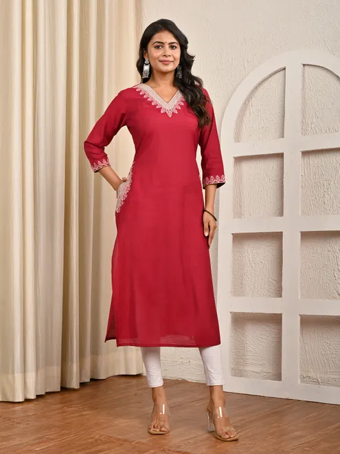 Maroon embroidered cotton silk casual kurti