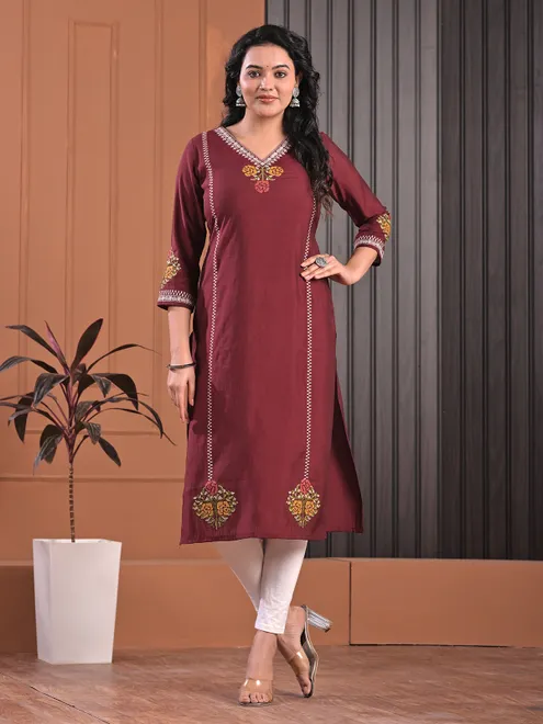 Maroon embroidered silk v neck kurti