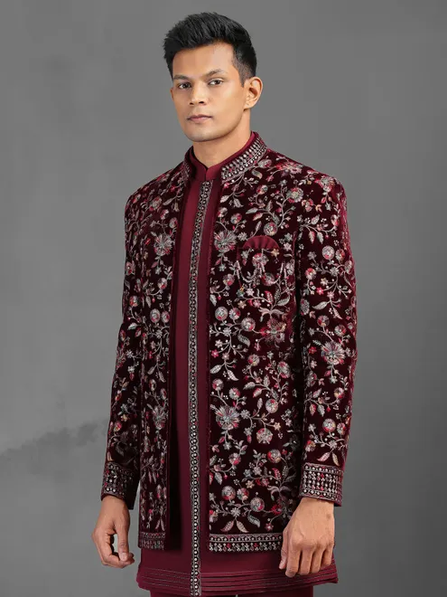 Maroon embroidery worked indowestern set for wedding