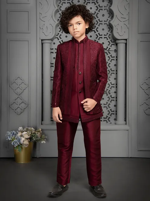 Maroon fabulous raw silk indo western for boys