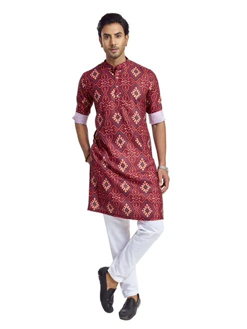 Maroon festive printed silk kurta for men