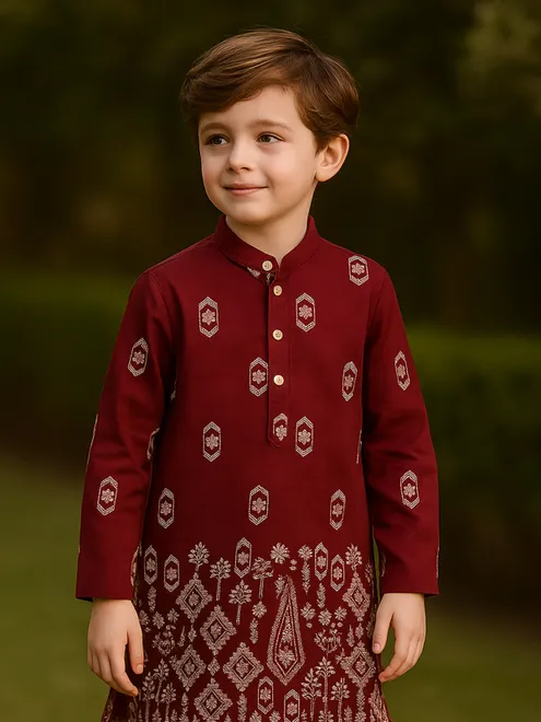 Maroon festive wear cotton silk kurta suit for boys