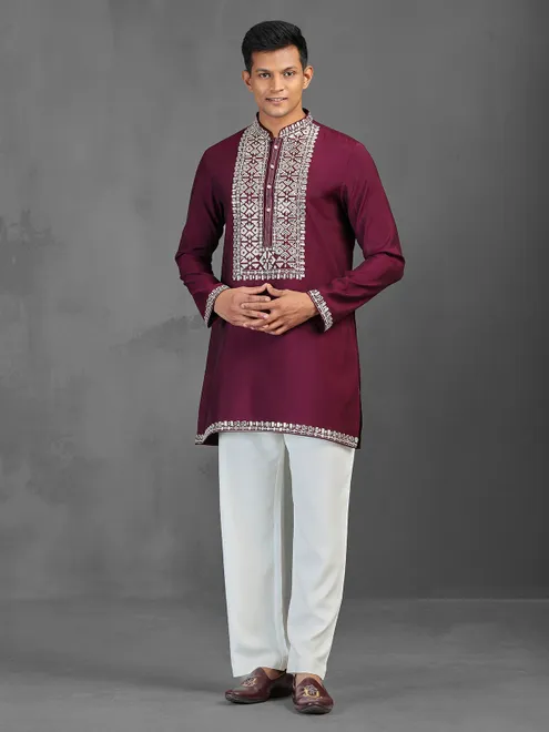 Maroon festive wear cotton silk kurta suit for men