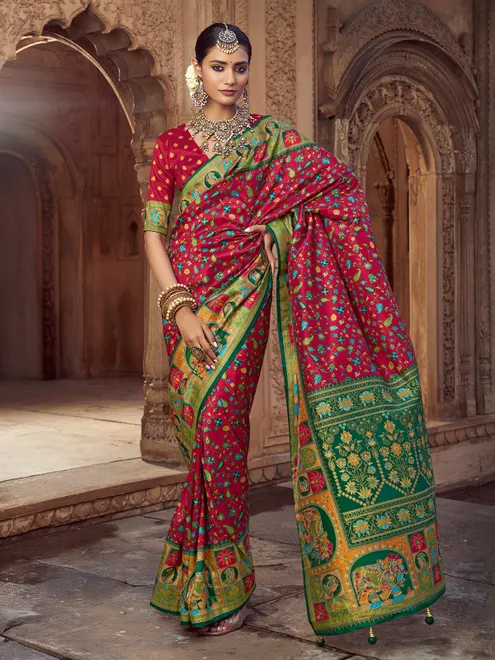 Maroon festive wear silk saree with print