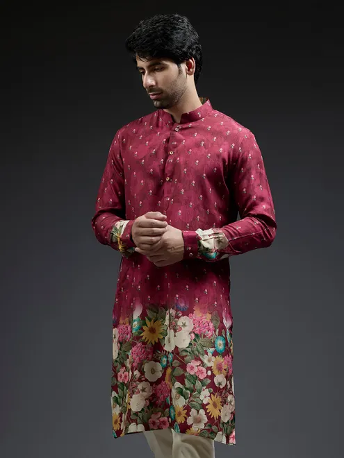 Maroon flower floral print silk festive kurta suit