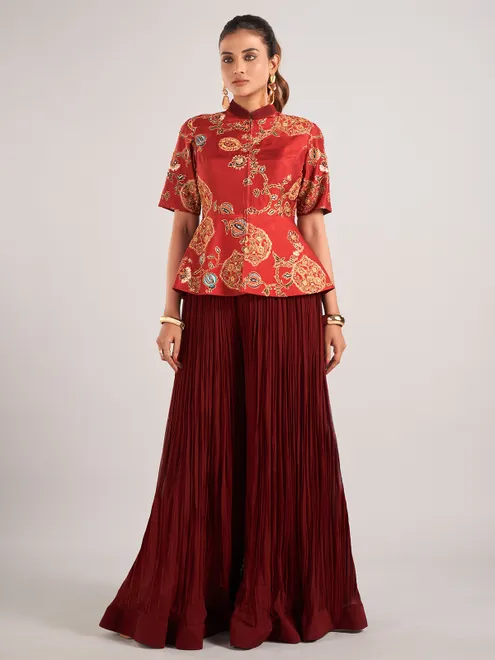 Maroon georgette designer palazzo suit