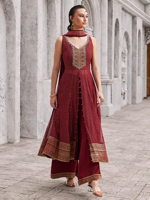 Maroon georgette palazzo suit with diamond and zari grandeur