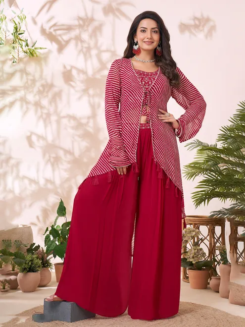 Maroon georgette palazzo suit with jacket design
