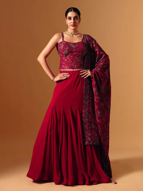 Maroon georgette stone embellished lehenga choli