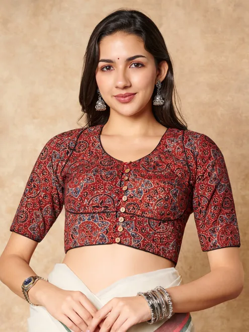Maroon hand block printed ajrakh cotton ready made blouse