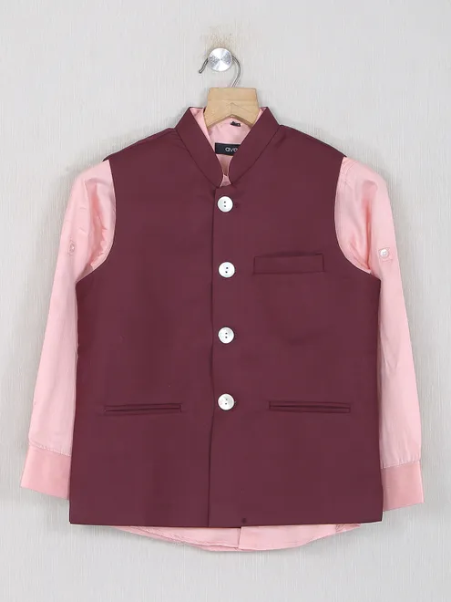 Maroon hued cotton silk waistcoat with shirt