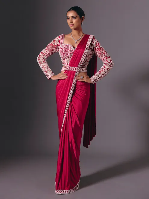 Maroon lycra saree with rich multi work embellishments