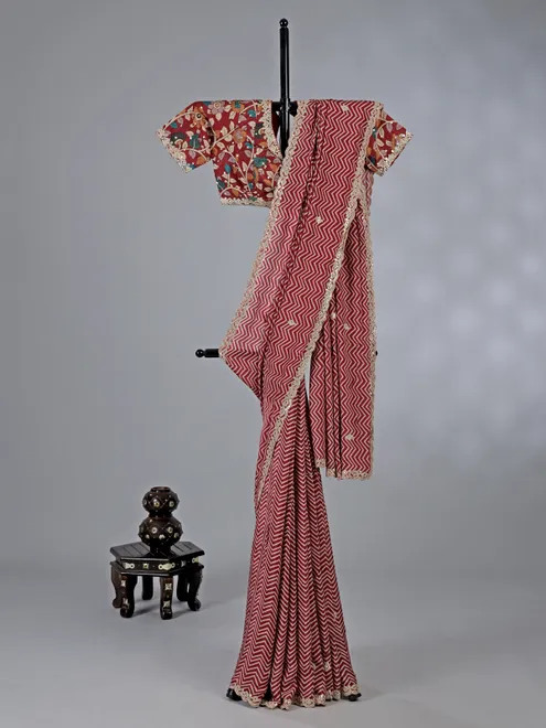 Maroon muslin silk printed saree with gota work
