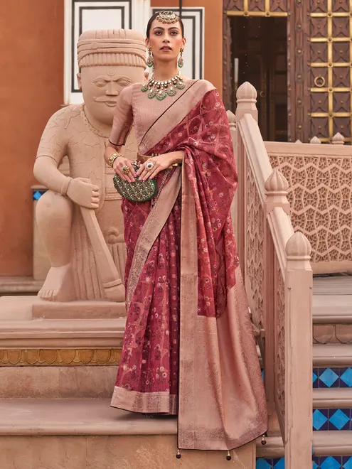 Maroon organza saree with radiant zari weave