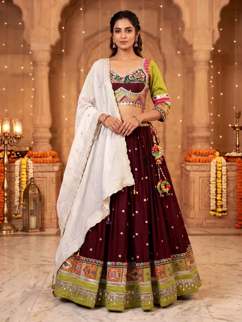 Maroon patchwork silk navratri lehenga choli with dupatta