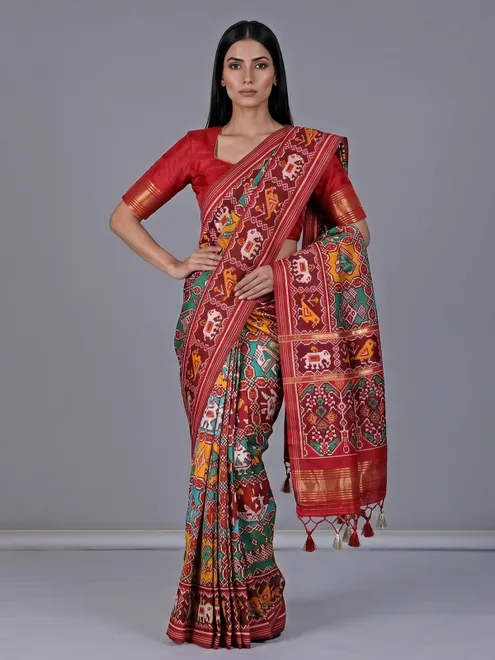 Maroon patola silk saree with zari pallu design