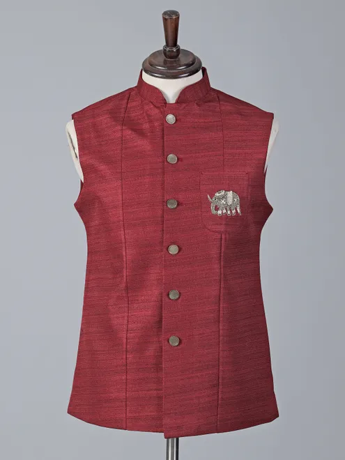 Maroon pocket work cotton silk waistcoat