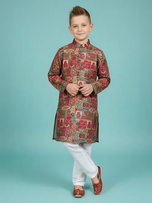 Maroon printed cotton kurta churidar suit