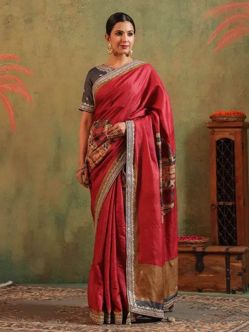 Maroon printed festive wear silk saree for women