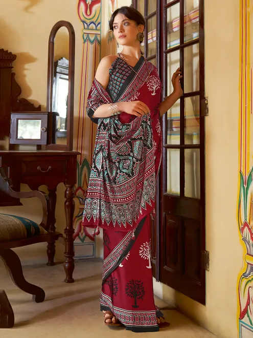 Maroon printed japan silk saree for festival