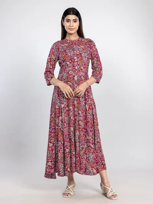 Maroon printed long kurti in cotton silk