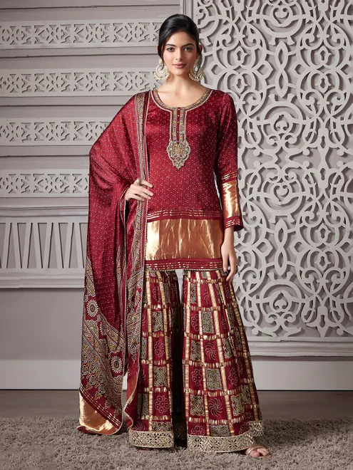 Maroon printed punjabi style palazzo suit