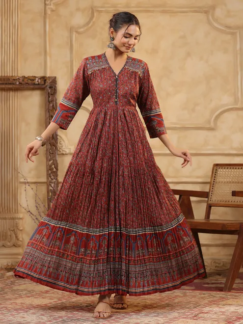 Maroon printed silk kurti set for women festive wear