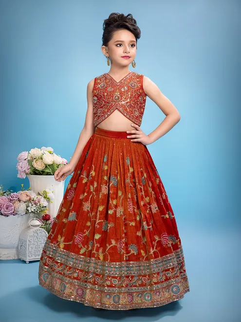 Maroon printed silk lehenga choli for girls