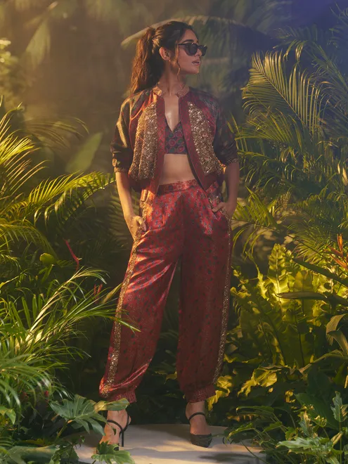 Maroon printed silk salwar suit with jacket
