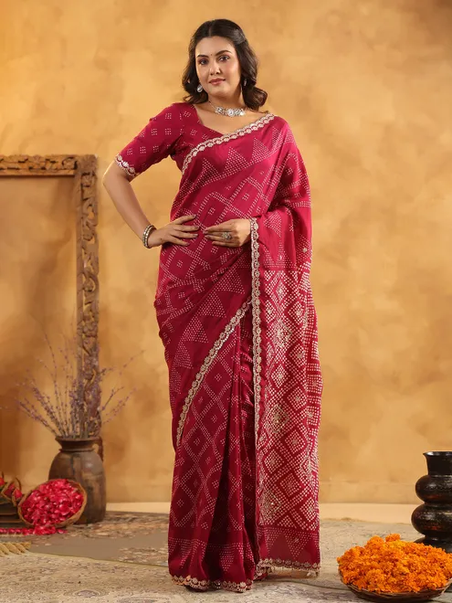 Maroon printed silk saree with aabla and gota accents