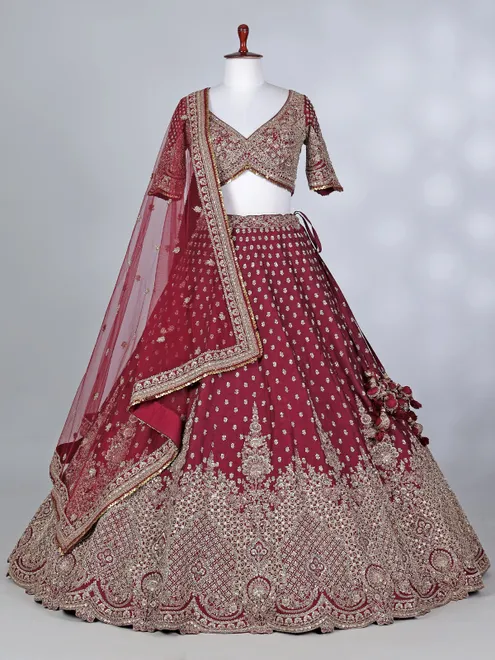Maroon raw silk bridal cutdana lehenga choli