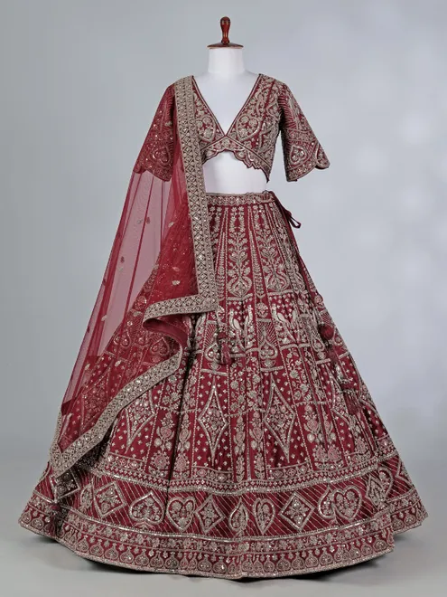 Maroon raw silk lehenga choli with diamond and resham