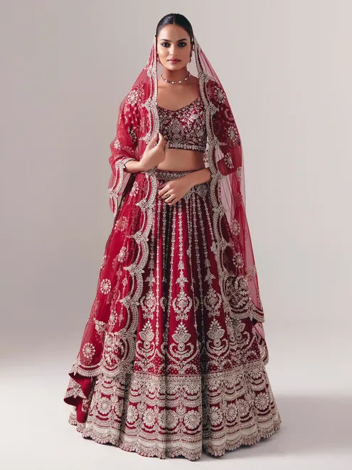 Maroon raw silk lehenga choli with zardosi and resham glow