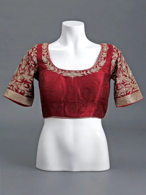 Maroon raw silk round neck blouse for women