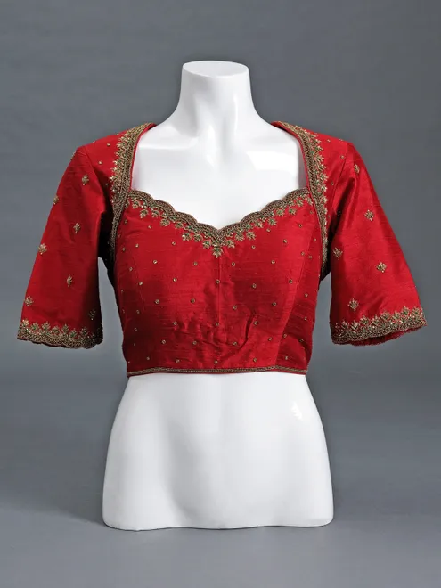 Maroon raw silk sweetheart elbow sleeve blouse