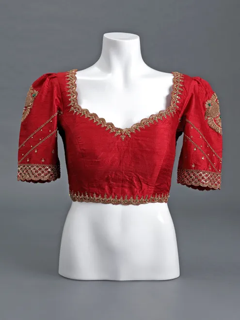 Maroon raw silk sweetheart elbow sleeve blouse for women