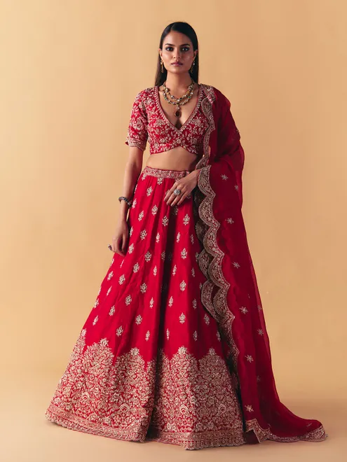Maroon raw silk zardosi lehenga choli